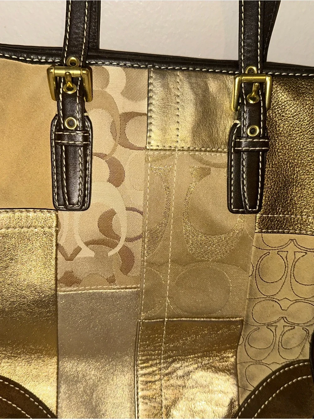 Vintage Coach Hampton Patchwork Tote Bag Brown Suede & Metallic Gold Y2K